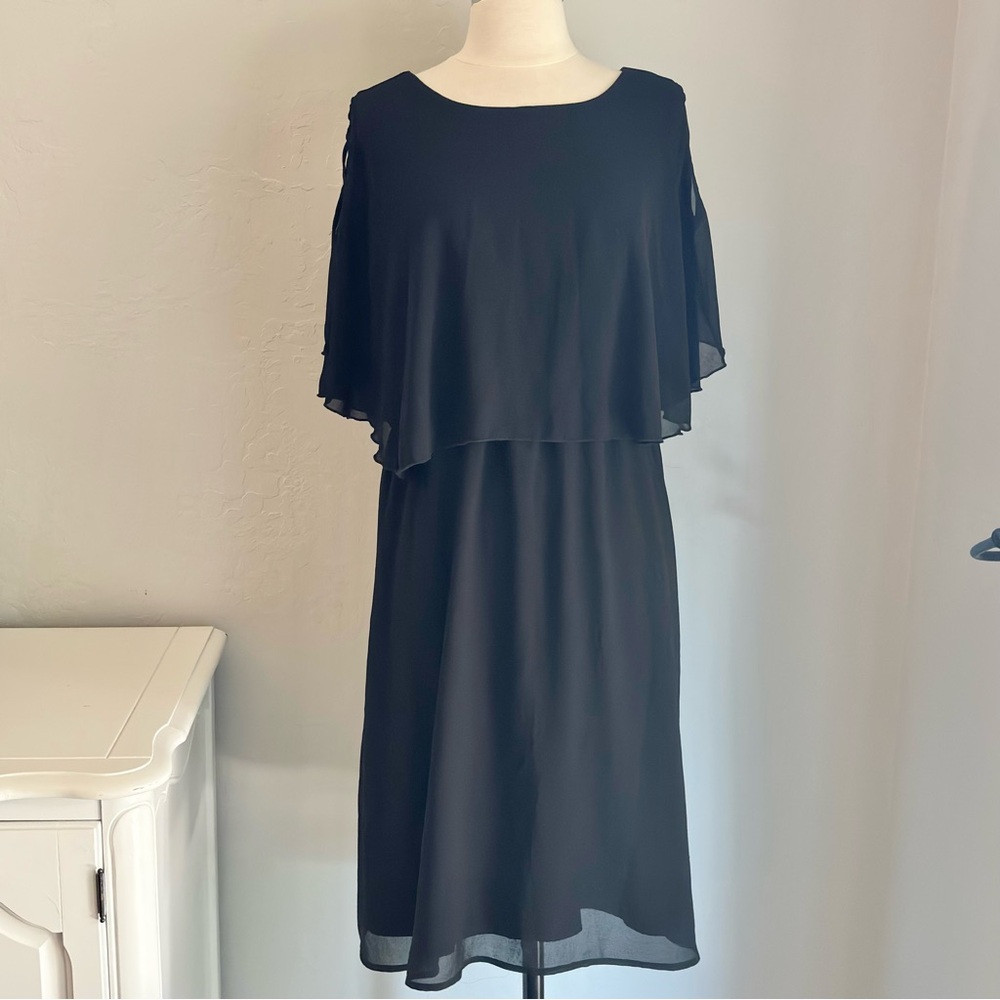 Black Chiffon Overlay Cape Dress Shoulder Cutout Detail, Knee Length, XL